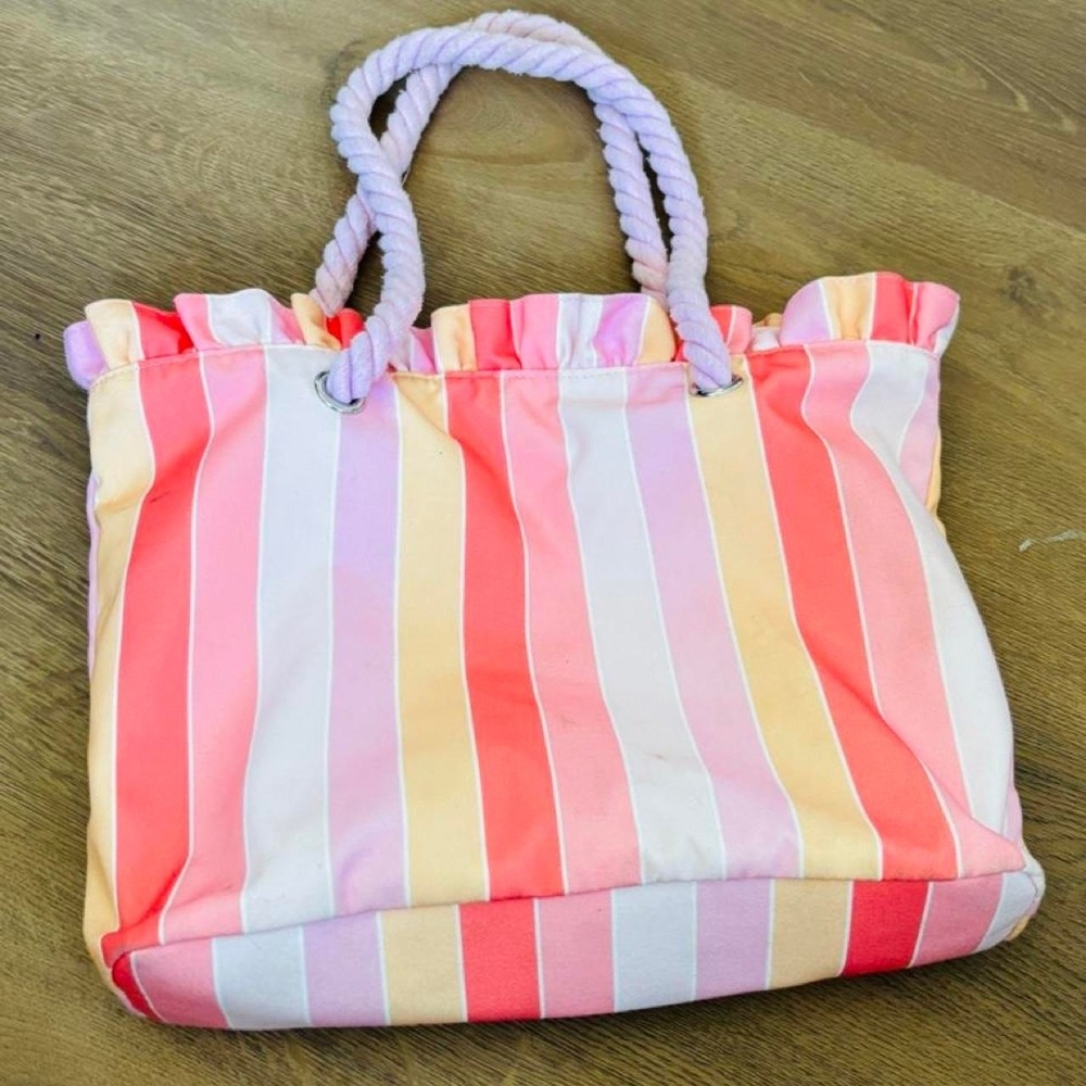 Cat & Jack Pink Orange White Striped Ruffle Tote Bag with Rope Handles